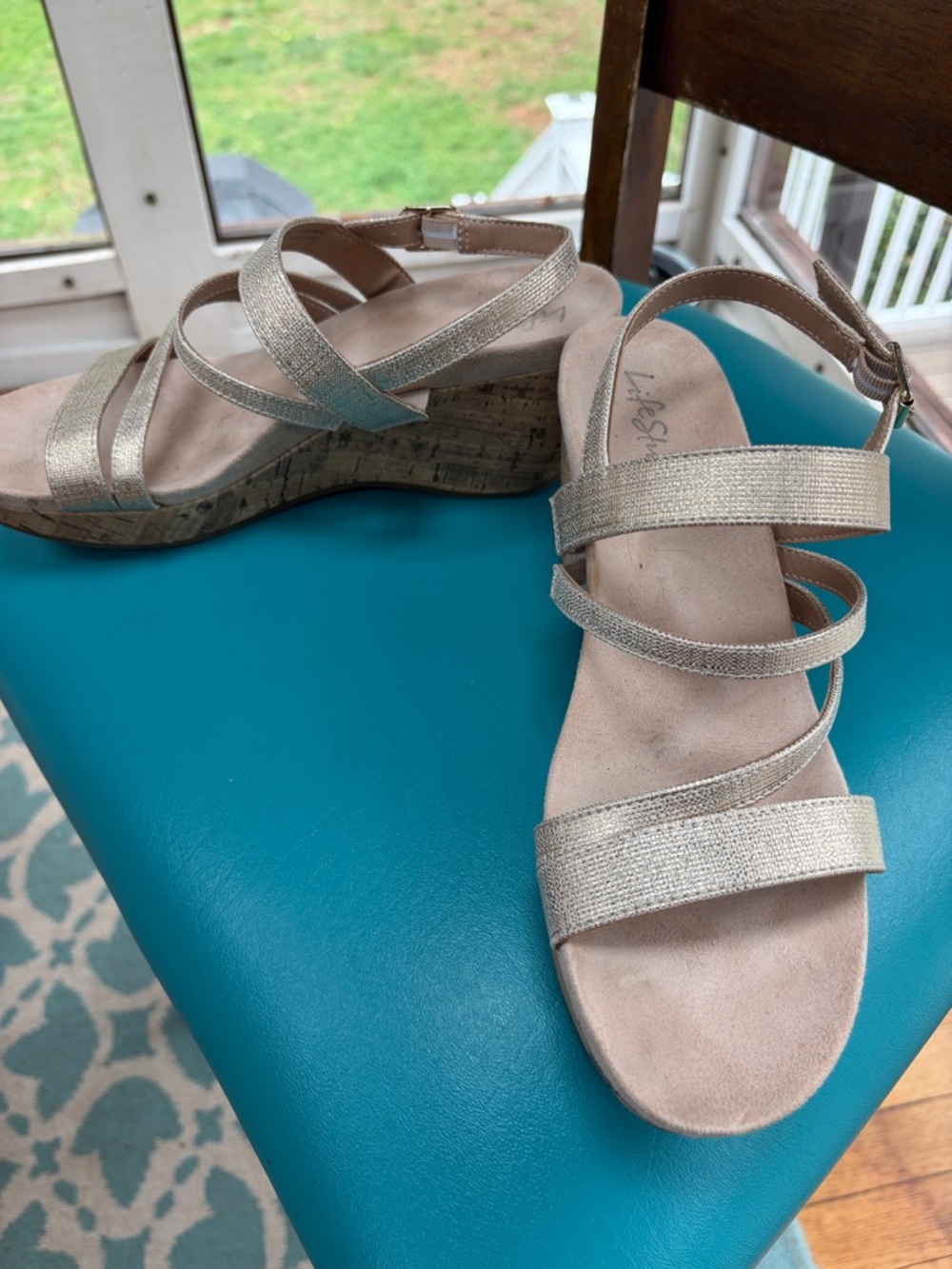 Life Stride Metallic Gold Strappy Cork Wedge Sandals size 9